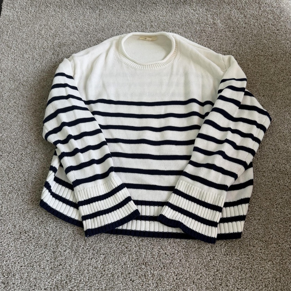 BRIT.NY Sweater Mens XL White Navy Striped Cotton Knit Crewneck Pullover Casual
